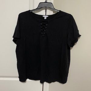 Plus size tee with crisscross neck
